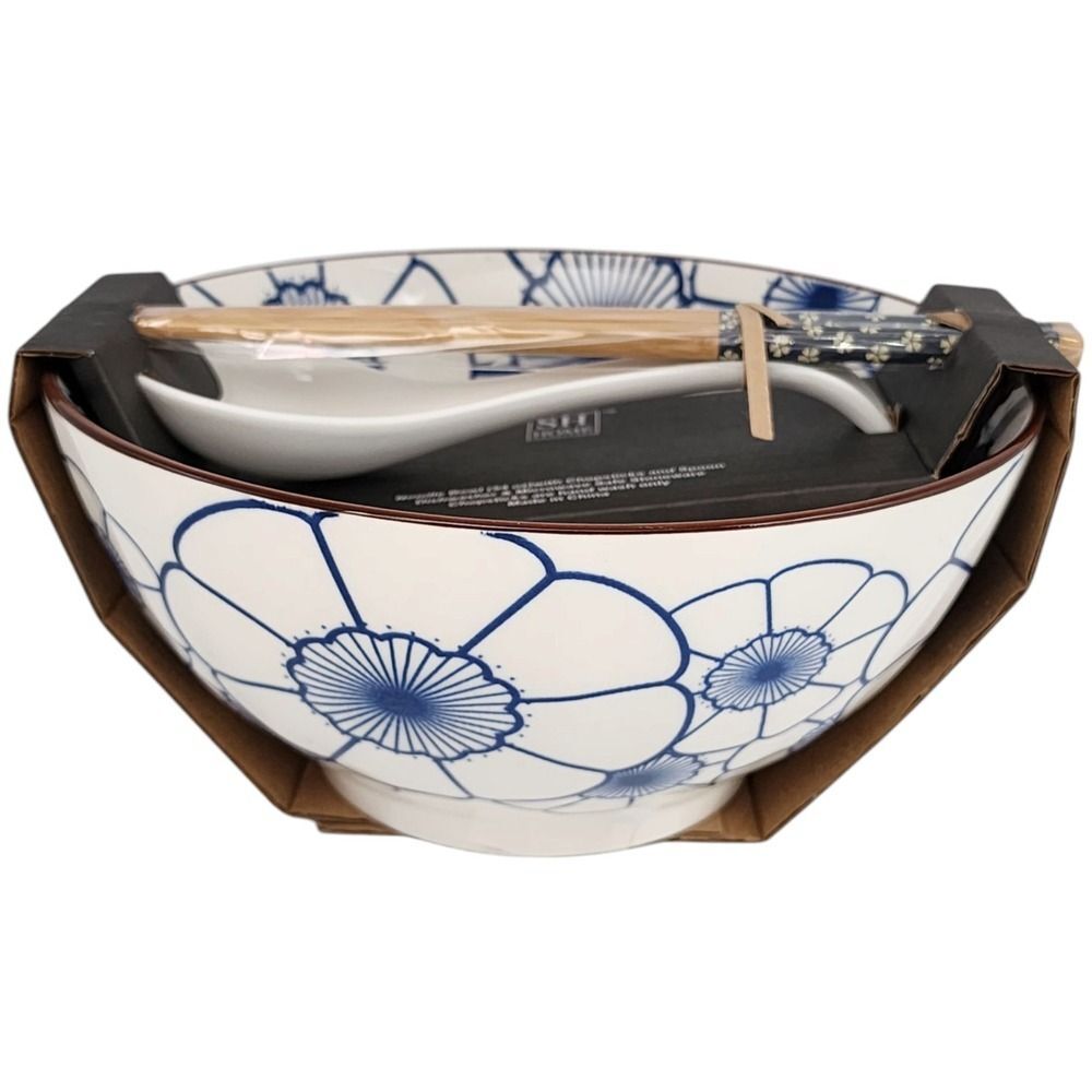 SH Home Blue Lotus Ceramic Ramen Noodle Bowl 54oz With Chopsticks And Spoon‎ 4pc